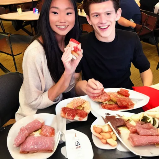 Prompt: Tom Holland eating spam musubi with a beautiful Filipina college girl at Chapman University