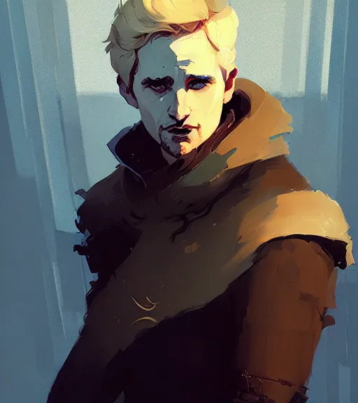 Image similar to portrait of cullen from dragon age with golden eyes, dark hair by atey ghailan, by greg rutkowski, by greg tocchini, by james gilleard, by joe fenton, by kaethe butcher, dynamic lighting, gradient light blue, brown, blonde cream and white color scheme, grunge aesthetic