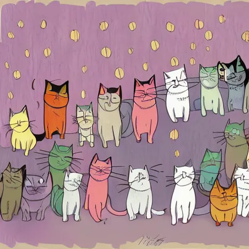 Prompt: a room full of cats singing in comic art style pastel colors