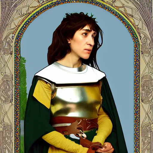 Image similar to portrait of charlotte gainsbourg as joan of arc, hyperreal digital painting, iconography influenced by alphonse mucha and eugene delacroix, arstation and deviantart trends, high resolution 8 k