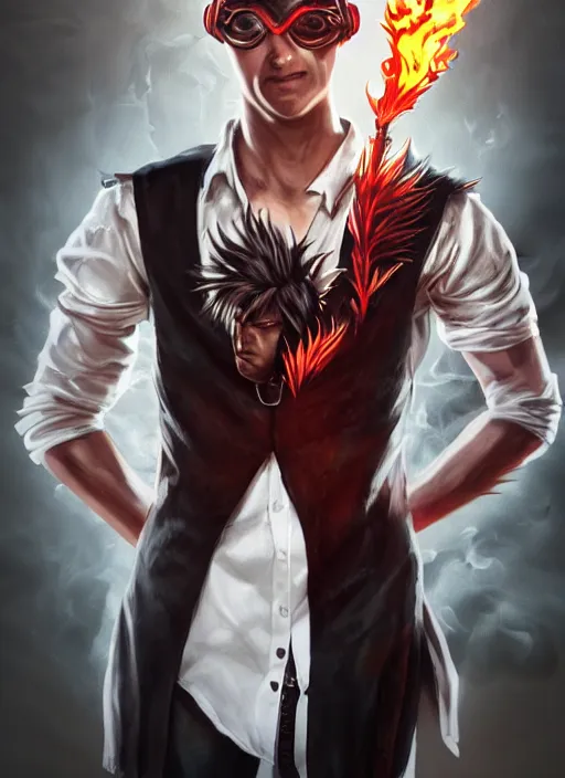 Image similar to An epic fantasy comic book style portrait painting of young man with long red spiked hair. Wearing a black waistcoat, white shirt, using googles. Blasting fire on his hands. Unreal 5, DAZ, hyperrealistic, octane render, cosplay, RPG portrait, dynamic lighting