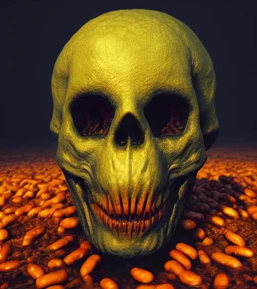 Image similar to burning skull, baked bean texture, by zdzislaw beksinski, octane render, unreal engine 5, trending on artstation