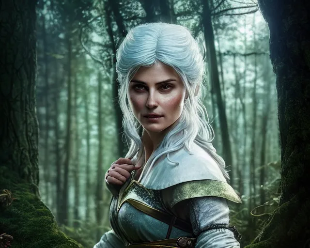 Image similar to 5 5 mm portrait photo of mkurilenko as ciri, in a forest. magical atmosphere. art by greg rutkowski. highly detailed 8 k. intricate. lifelike. soft light. nikon d 8 5 0.