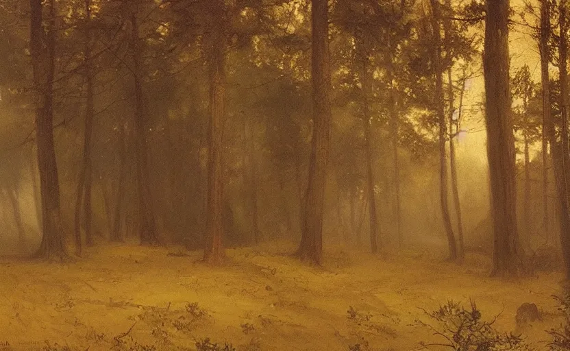 Image similar to Hagrid's hut landscape, early evening, mist, matte painting, dark forest, by Isaac Levitan and Vasily Perov