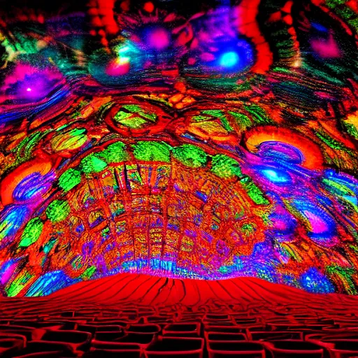 Image similar to underground cinema, psychedelic, colorfull lights, fractals, godrays