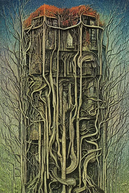 Image similar to a house in the forest by h. r. giger, painterly, alex grey, moebius