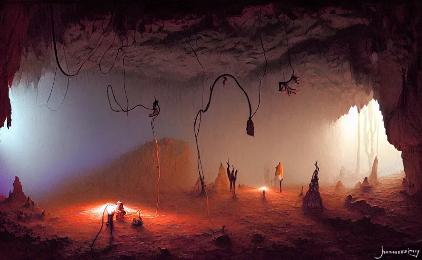 Prompt: natural cave, darkness, some bulb lights, dynamic light, cable on ceiling, some old props on the ground, mist low over ground, illustration painting by james gurney and josan gonzales