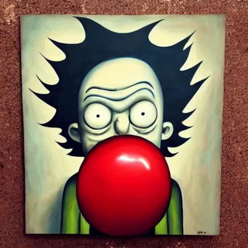 Image similar to grunge painting of rick from rick and morty with a wide smile and a red balloon by chris leib, loony toons style, pennywise style, corpse bride style, horror theme, detailed, elegant, intricate