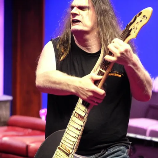 Image similar to George Fischer from cannibal corpse shows off his neck on Jerry Springer in the style of Moebius