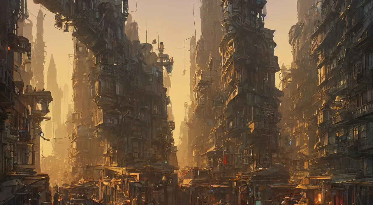 Image similar to an street level painting with high detail, ground level, sci - fi colorful victorian megacity at golden hour with sharp shadows by tyler edlin and sparth, 4 k, vray, art nouveau influences. roger deakins, cinematic cinematography.