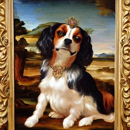 Prompt: a cavalier king charles sitting on a medieval throne in the style of rococo, renaissance painting