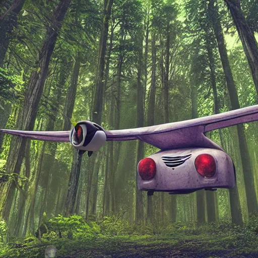 Prompt: flying car in futuristic spiritual mystical post apocalyptic forest, studio ghibli, beautiful, crisp