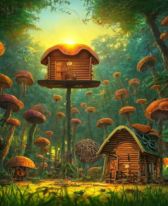 Prompt: a whimsical cabin made from beetles, overgrown with huge exotic fungus, deep in the woods, cheerful, sunrise, by dan mumford, yusuke murata, makoto shinkai, ross tran, dreamy, cinematic, unreal engine, cel shaded, featured on artstation, pixiv