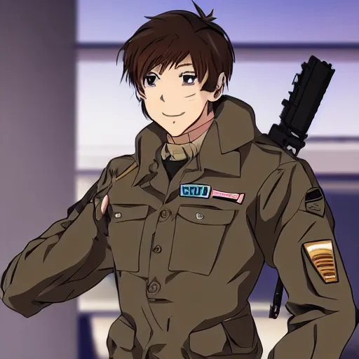 Image similar to Anime military EOD protagonist with light brown hair and brown eyes, Key Still, character design, full body shot