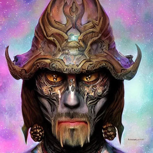 Image similar to a WLOP 3d render of Very very very very highly detailed mystic, enigmatic, strange portrait of a phantom warrior with galaxy, tattoos by Anton Pieck, intricate, extremely detailed, digital painting, artstation, concept art, smooth, sharp focus, illustration, intimidating lighting, incredible art,