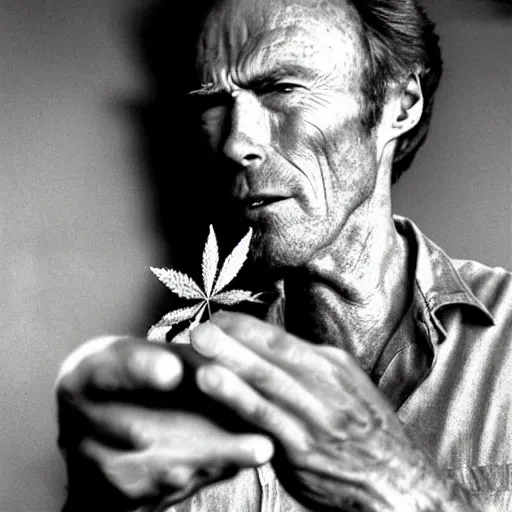 Image similar to Clint Eastwood sniffing a cannabis leaf