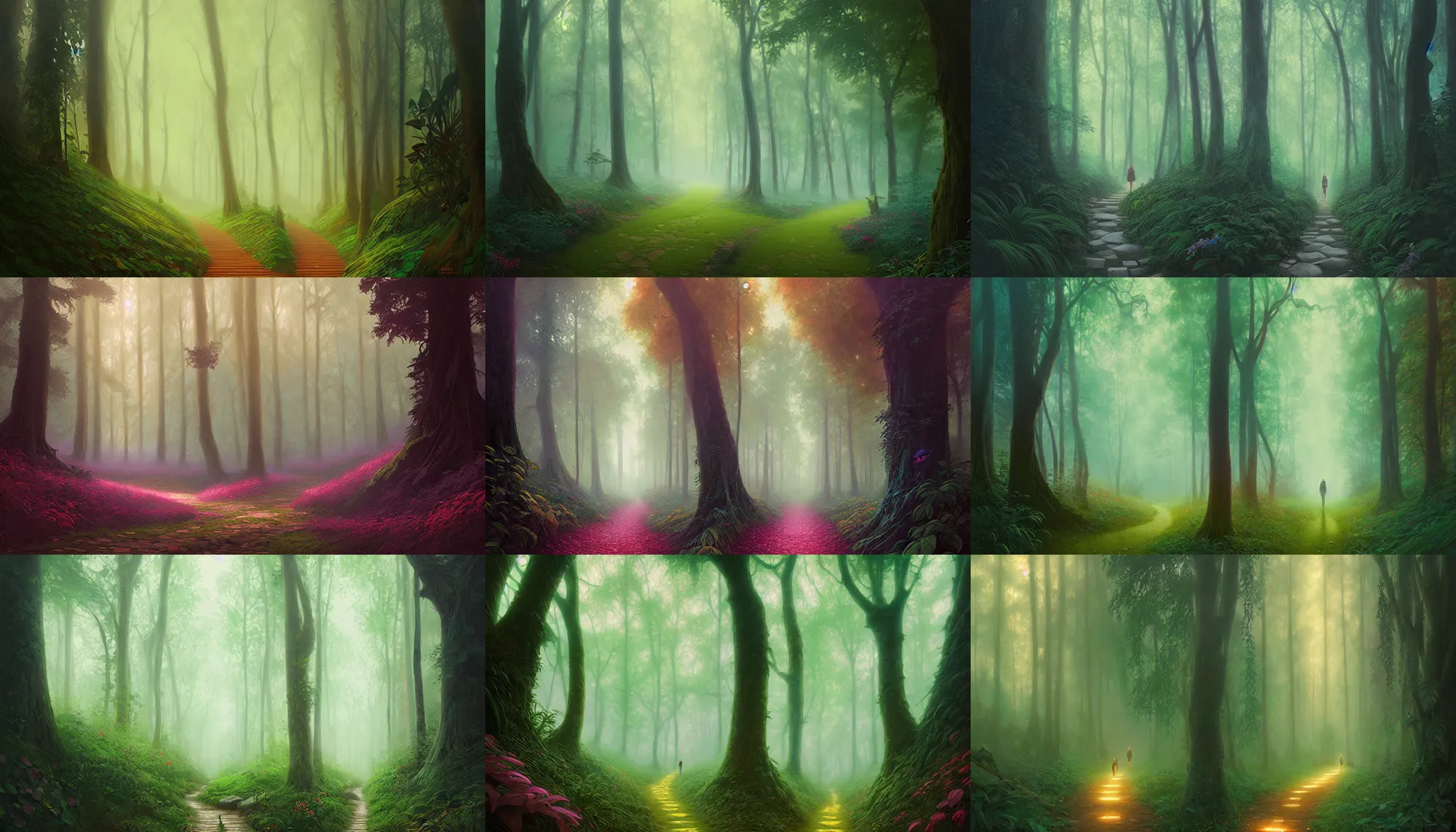 Prompt: path into lush forest, mysterious mist, path traced, highly detailed, high quality, digital painting, alena aenami, lilia alvarado, shinji aramaki, karol bak, alphonse mucha, tom bagshaw