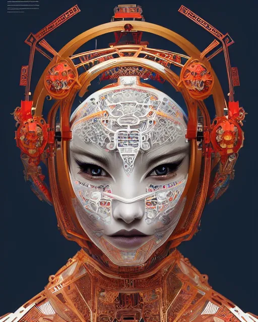 Image similar to symmetry!! portrait of a machine robot, machine face, decorated with chinese opera motifs, intricate, elegant, highly detailed, digital painting, artstation, concept art, smooth, sharp focus, illustration, art by artgerm and greg rutkowski and alphonse mucha, 8 k