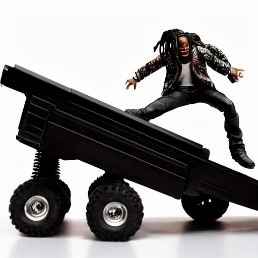 Image similar to travis scott action figure with dreads standing on top of a black rc pickup truck, close up studio photograph, white background