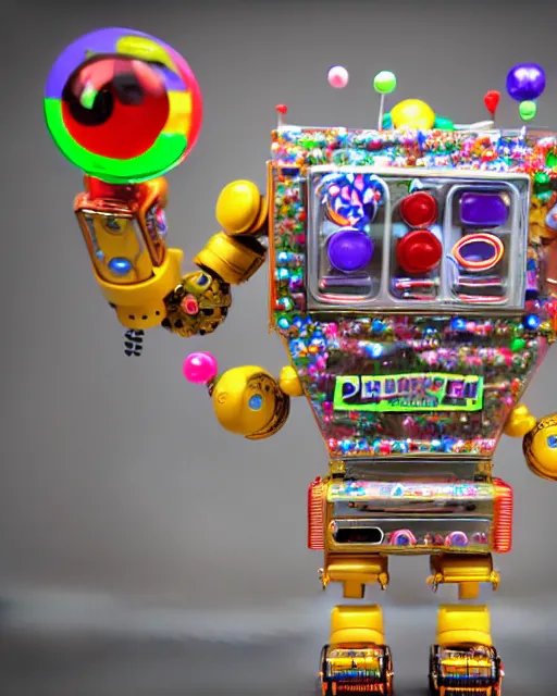 Image similar to cute elaborate epic robot made from candy and pinball machine parts in a crowded city made of arcade machines and buildings made of candy, symmetrical, bubbles everywhere, video game consoles, colored wires, translucent, clear parts, detailed by pokedstudio, rendered in blender, 3 d models