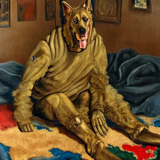 Image similar to a oil painting of a humanoid german shepherd beast - man, wearing military outfit, sitting on the carpeted floor beside a bed