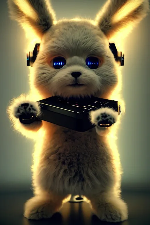 Image similar to high quality 3 d render very cute fluffy cyborg!! dog! plays drums, cyberpunk highly detailed, unreal engine cinematic smooth, in the style of blade runner & detective pikachu, hannah yata charlie immer, moody light, low angle, uhd 8 k, sharp focus