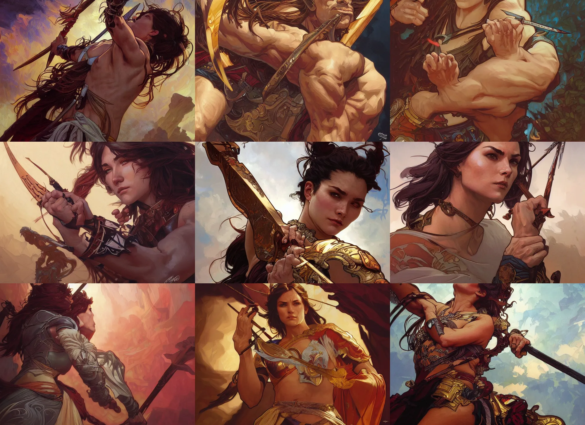 Prompt: dynamic pose of a warrior, spear, art by artgerm and greg rutkowski and alphonse mucha and dan mumford, portrait, dnd, close up, highly detailed, digital painting, sharp focus, illustration