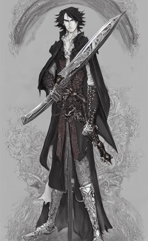 Prompt: a man wielding a sword, elegant clothes, baroque style, elegant, beautiful, mesmerizing, concept art, fancy clothing, highly detailed, artstation, behance, deviantart, inspired by innocent manga, inspired by castlevania concept art, trending, ayami kojima, shinichi sakamoto