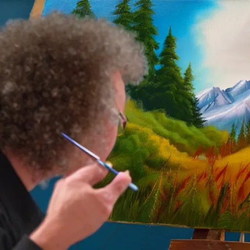 Image similar to a closeup photorealistic photograph of bob ross working on a canvas painting of marilyn manson. happy trees, mountain scape. film still. brightly lit scene. this 4 k hd image is trending on artstation, featured on behance, well - rendered, extra crisp, features intricate detail, epic composition and the style of unreal engine.