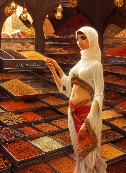 Image similar to a young arabian lady shopping at a desert spice market, shiny, fantasy, intricate, elegant, hyper detailed, ultra definition, photoreal, artstation, unreal engine rendered, concept art, smooth, sharp focus, illustration, art by artgerm and greg rutkowski and alphonse mucha and garis edelweiss