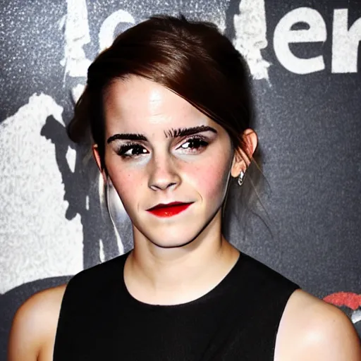 Image similar to Emma Watson with an eyepatch and a mustache