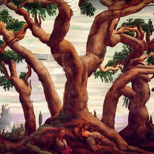 Prompt: the last tree on earth guarded by angels painted by michelangelo