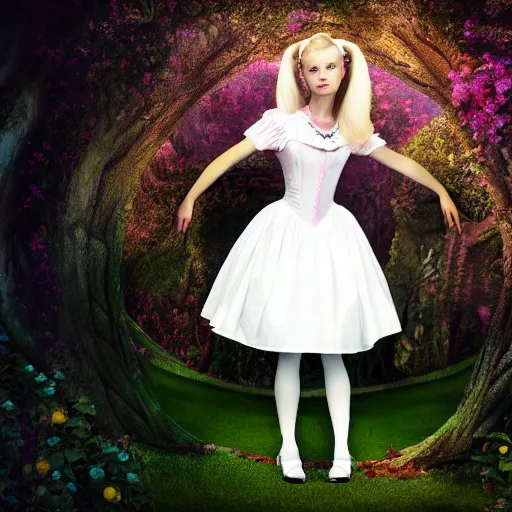 Prompt: beautiful full body portrait of alice in wonderland, middle aged, atmospheric, 4 k, strap shoes, white rabbit in background