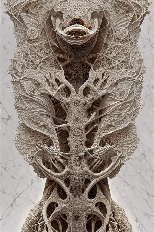 Image similar to carved white marble female biomechanical sculpture, persian rug, Mandelbulb 3d fractal, trending on artstation, subtle gold accents, beautifully lit, by zdzislaw beksinski, tsutomu nihei, peter mohrbacher, hyper detailed, insane details, intricate, elite, ornate, elegant, luxury, dramatic lighting, cgsociety, hypermaximalist, golden ratio, environmental key art, octane render, weta digital, micro details, structure, ray trace, 4k, epic, masterpiece