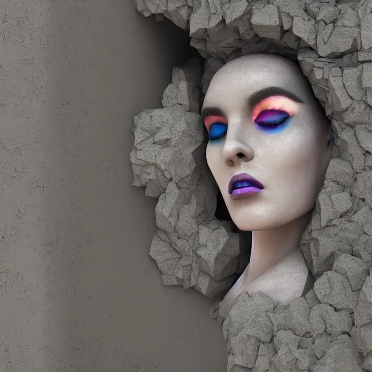 Image similar to wide angle octane render by wayne barlow and carlo crivelli and glenn fabry, the face of a woman with dramatic colorful shimmering makeup breaking through the cement wall of a brutalist government building, cinema 4 d, ray traced lighting, very short depth of field, bokeh