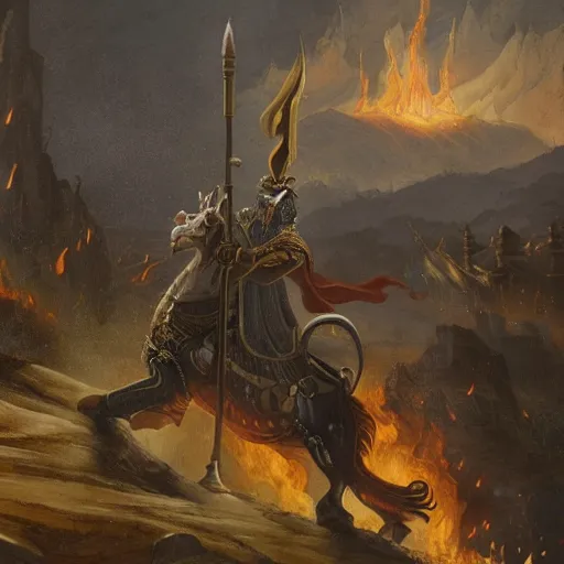 Image similar to an old king, facing thousands of adversaries with his burning and falling kingdom in the background.