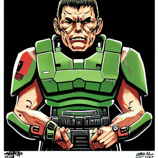 Image similar to doomguy wearing a puerto rican flag, by hayao myazaki, by lee man fong, graphic novel, visual novel, graphite, fountain pen, digital art, comic book, field of view, tones of black in background, oled, insanely detailed and intricate, hypermaximalist, elegant, ornate, hyper realistic, super detailed