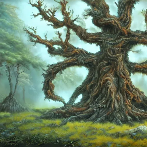 Prompt: A 4000 year old tree, fantasy painting, lots of detail