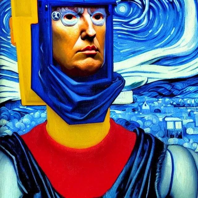 Image similar to a beautiful painting cyberpunk robot donald trump face, by kelly mckernan guido reni jan vermeer brief biography van gogh edvard munch dana irving lawren harris realistic oil painting