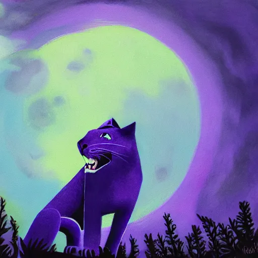 Image similar to closeup of a purple panther roaring at the moon in the forest. night. large moon in the center. cinematic. painting. concept art.