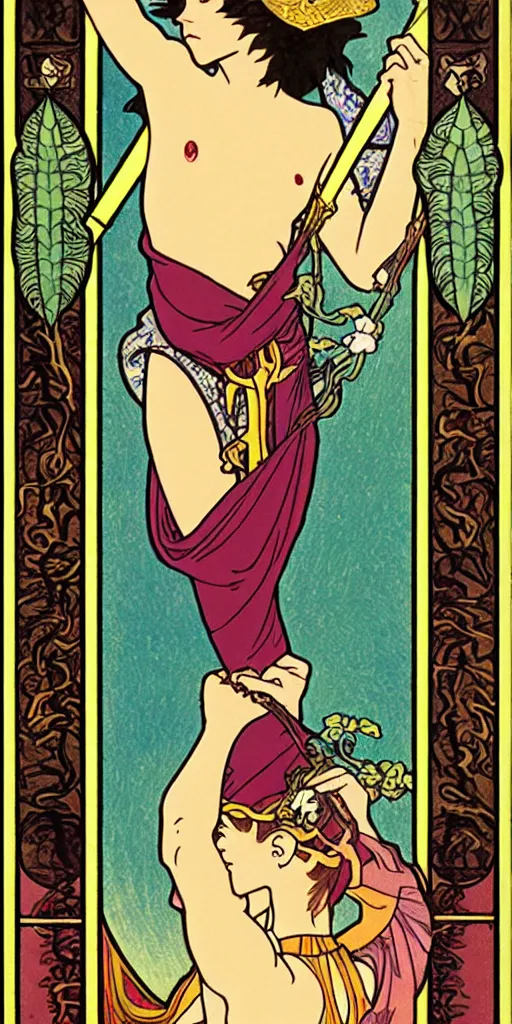 Image similar to the fool, rider - waite tarot card with an art deco boarder, high quality, digital painting, by studio ghibli and tammara de lempika and alphonse mucha