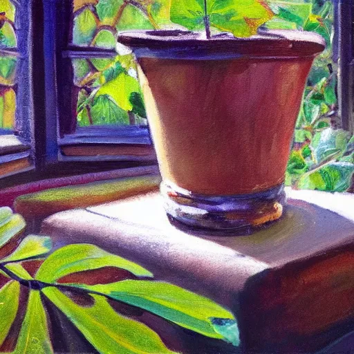 Prompt: leaves grow from a head in a pot, on wooden table in the ray of sunshine in greenhouse, oil painting, sharp focus, high detailed, calm, warm lighting, sparkles, by Rutkowsky,