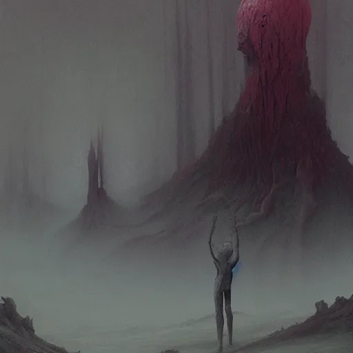 Image similar to concept art of elias ainsworth, fantasy, forest, heavy fog, emancipation of reality, wayne barlowe and zdzislaw beksinski