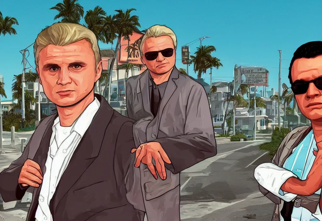 Image similar to a young josef ratzinger in grand theft auto loading screen, gta art style, illustration, beach, miami, vice city