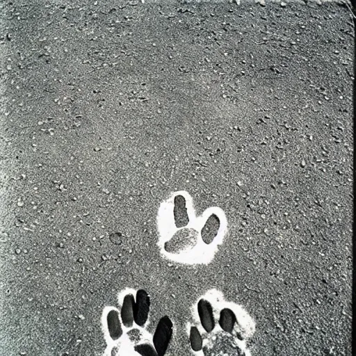 Image similar to wide-shot, low-angle eyesight, first-person!! chain of cat paw prints on fresh cement at the street, polaroid photo, by Andy Warhol