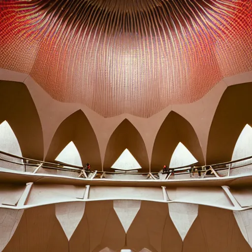 Image similar to interior of a futuristic lotus temple with gold, red and white marble panels, in the desert, by buckminster fuller and syd mead, intricate contemporary architecture, photo journalism, photography, cinematic, national geographic photoshoot