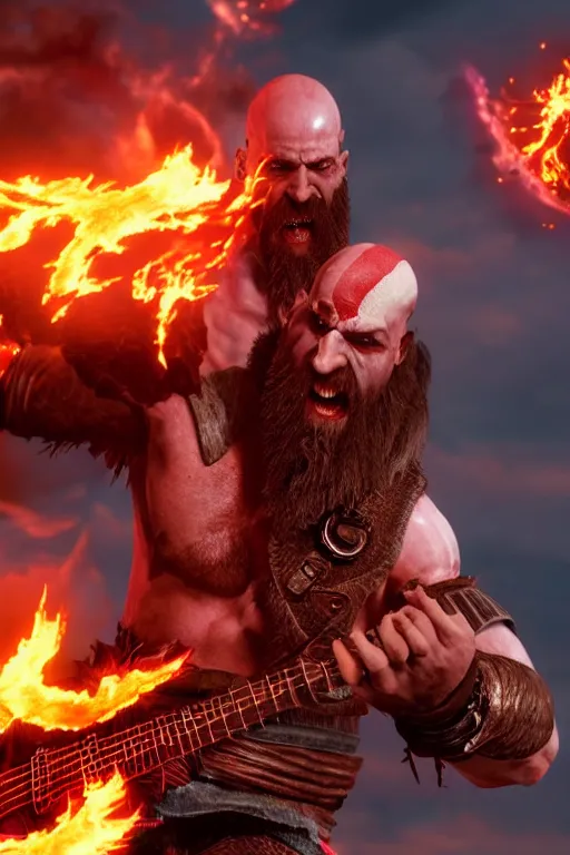 Image similar to screaming kratos rocking out on a flaming stratocaster guitar, cinematic render, god of war 2 0 1 8, playstation studios official media, lightning, flames, red stripe, red stripe, red stripe, red stripe, clear, coherent
