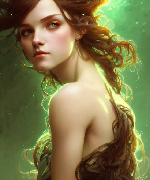 Image similar to Fae teenage girl, portrait, green eyes, face, long hair, fantasy, intricate, elegant, highly detailed, digital painting, artstation, concept art, smooth, sharp focus, illustration, art by artgerm and greg rutkowski and alphonse mucha