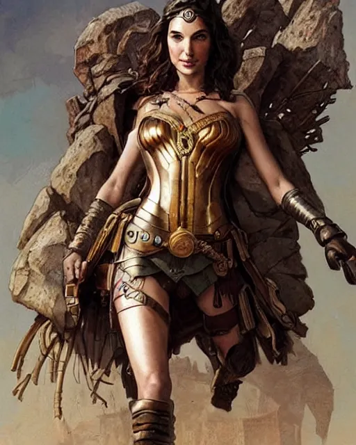 Image similar to highly detailed steampunk gal gadot standing, iron age : leonardo da vinci, greg rutkowski, magali villeneuve