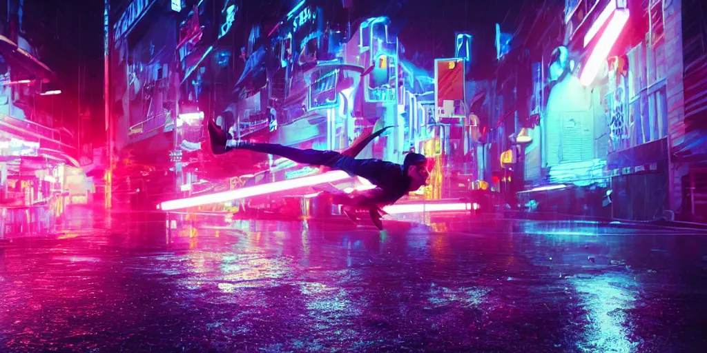 Image similar to cinematic camera wide angle of slow motion film still of futuristic break dancer wearing neon lights, long exposure shot , at night in the middle of a rainy street, paddle of water, water splashes, rim lights, glossy reflections, water droplets on lens, octane render, detailed and soft, by laurie greasley